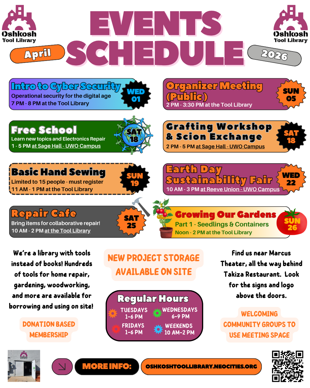 Poster of Oshkosh Tool Library April 2026 Events and Workshops