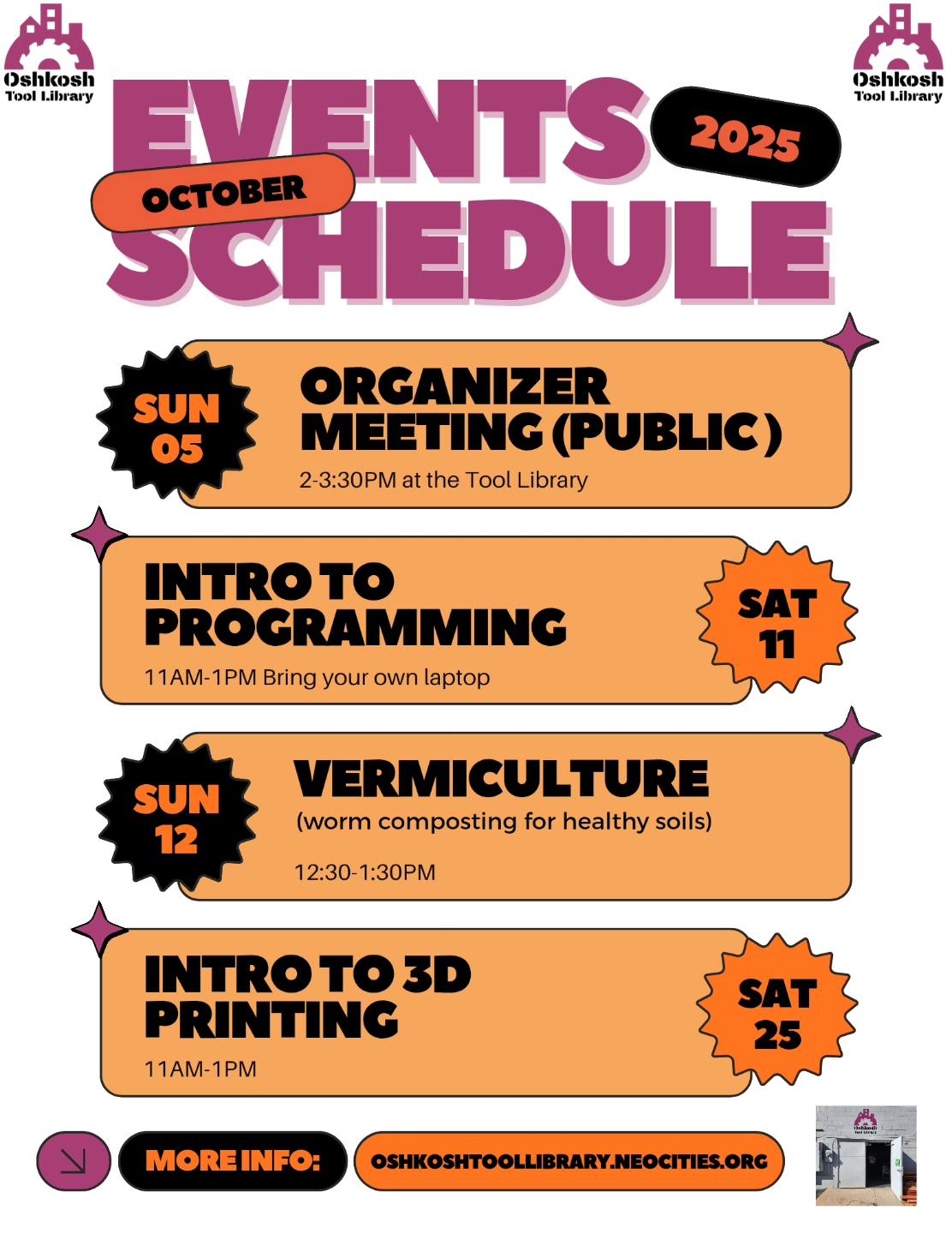 Poster of Oshkosh Tool Library October 2025 Events and Workshops