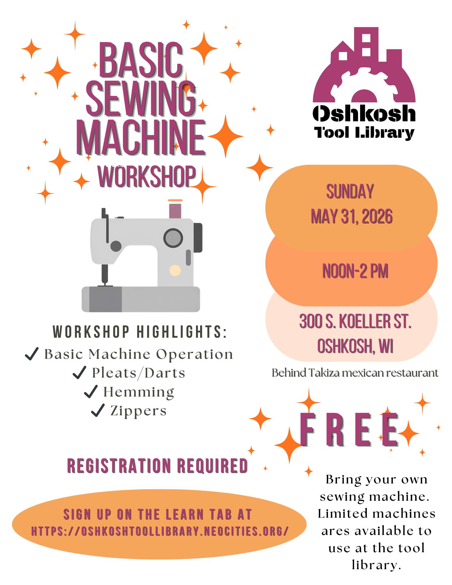 Poster of Oshkosh Tool Library Basic Machine Sewing Class