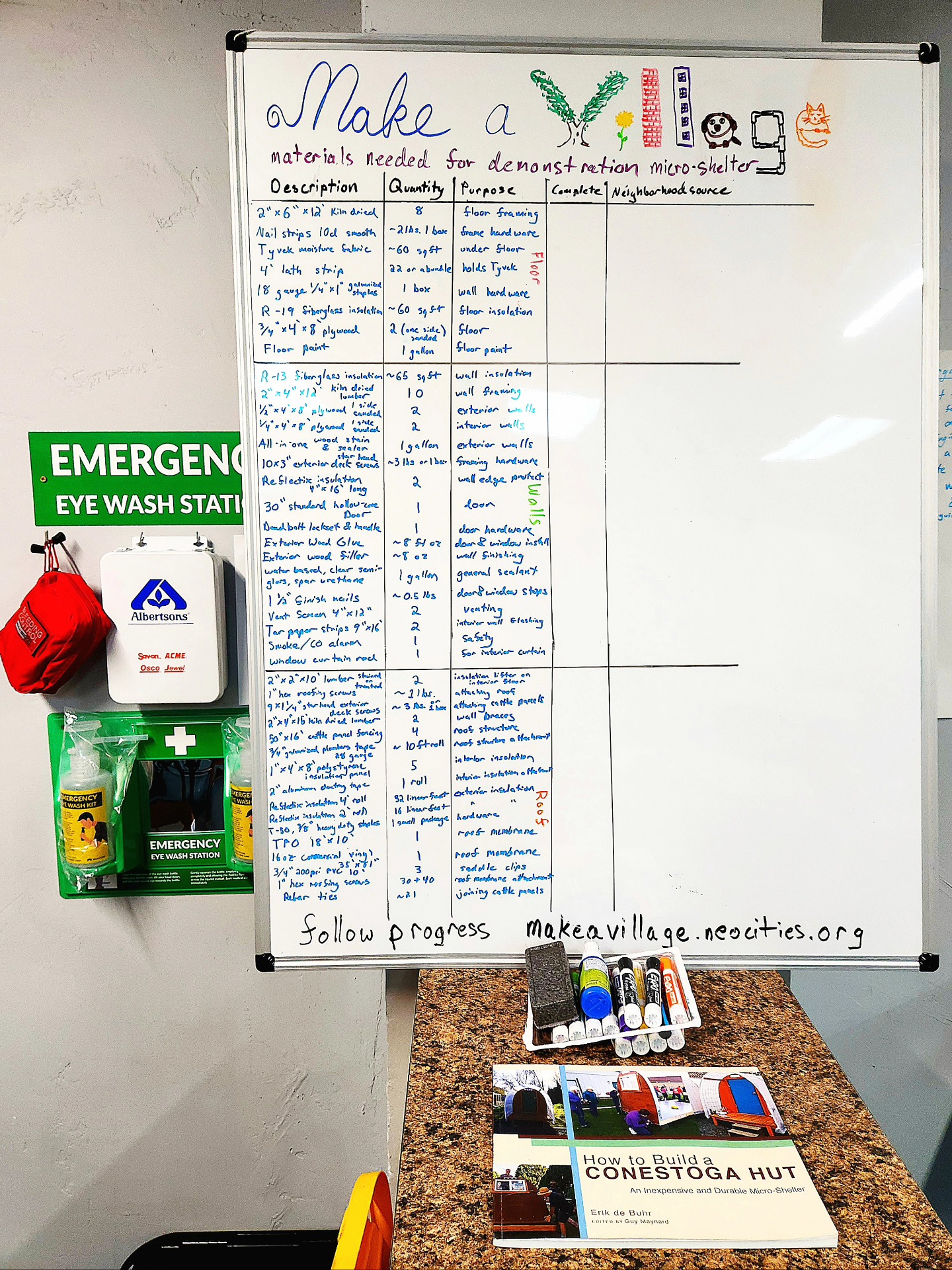 Photo of whiteboard of needed materials for make a village project
